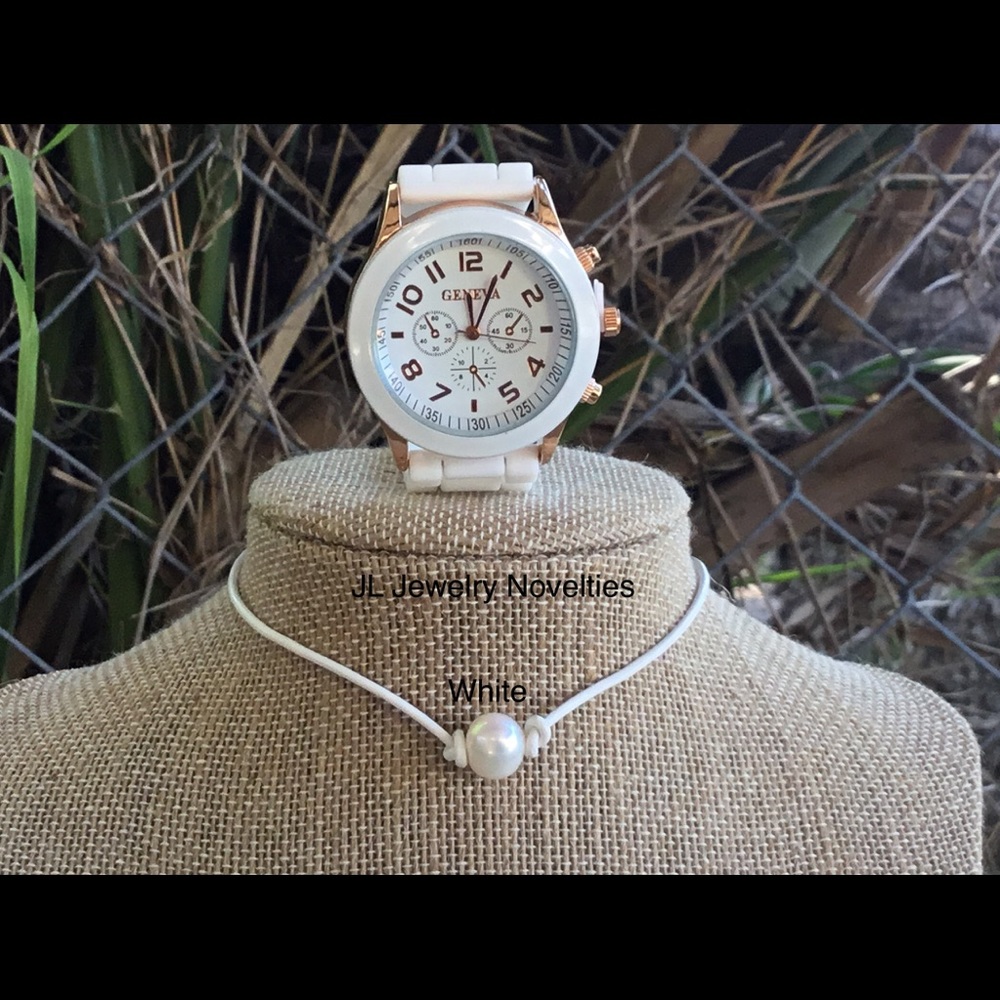 NWOT White Leather Pearl Necklace and Watch Set